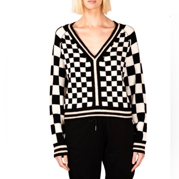 Le Superbe Zephyr Black White Check V-Neck Sweater Cashmere Sparkle Checkered M - Picture 1 of 16